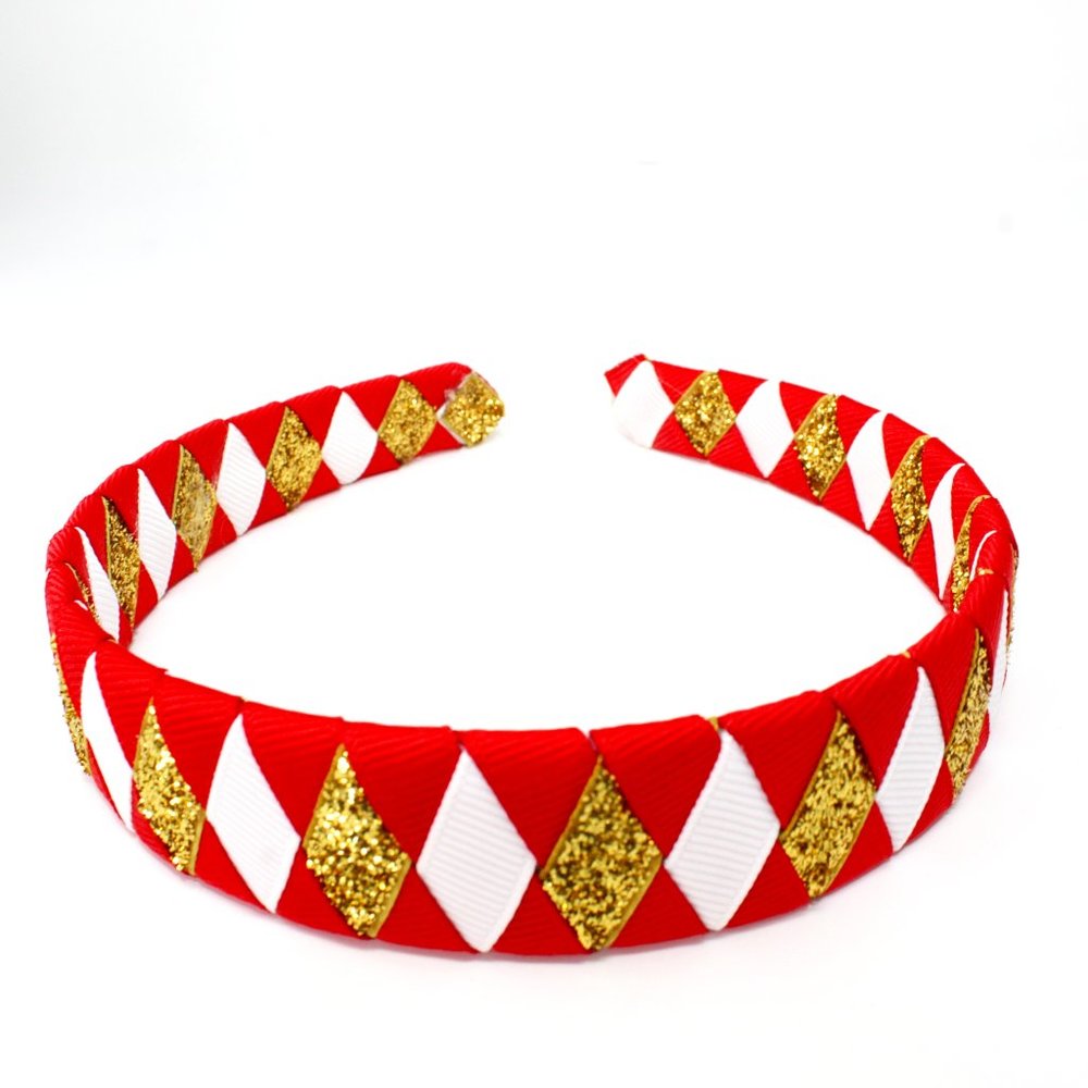 Handmade Diamond Pattern Red Glitter Gold White Double Ribbon Headband SF 49ers - Picture 1 of 4